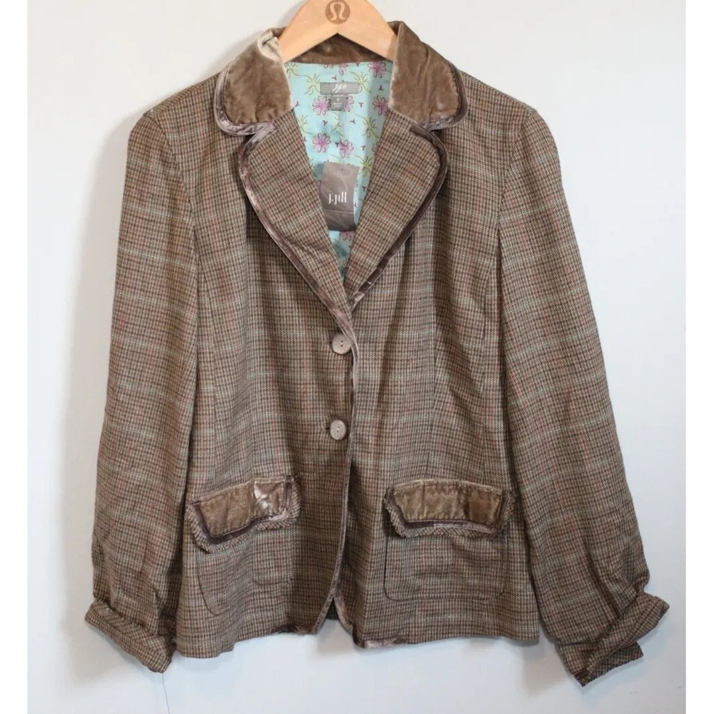 NWT J. Jill Plaid Houndstooth Velvet Trim Blazer Suit Jacket Brown Size 6 Fall - Picture 4 of 13
